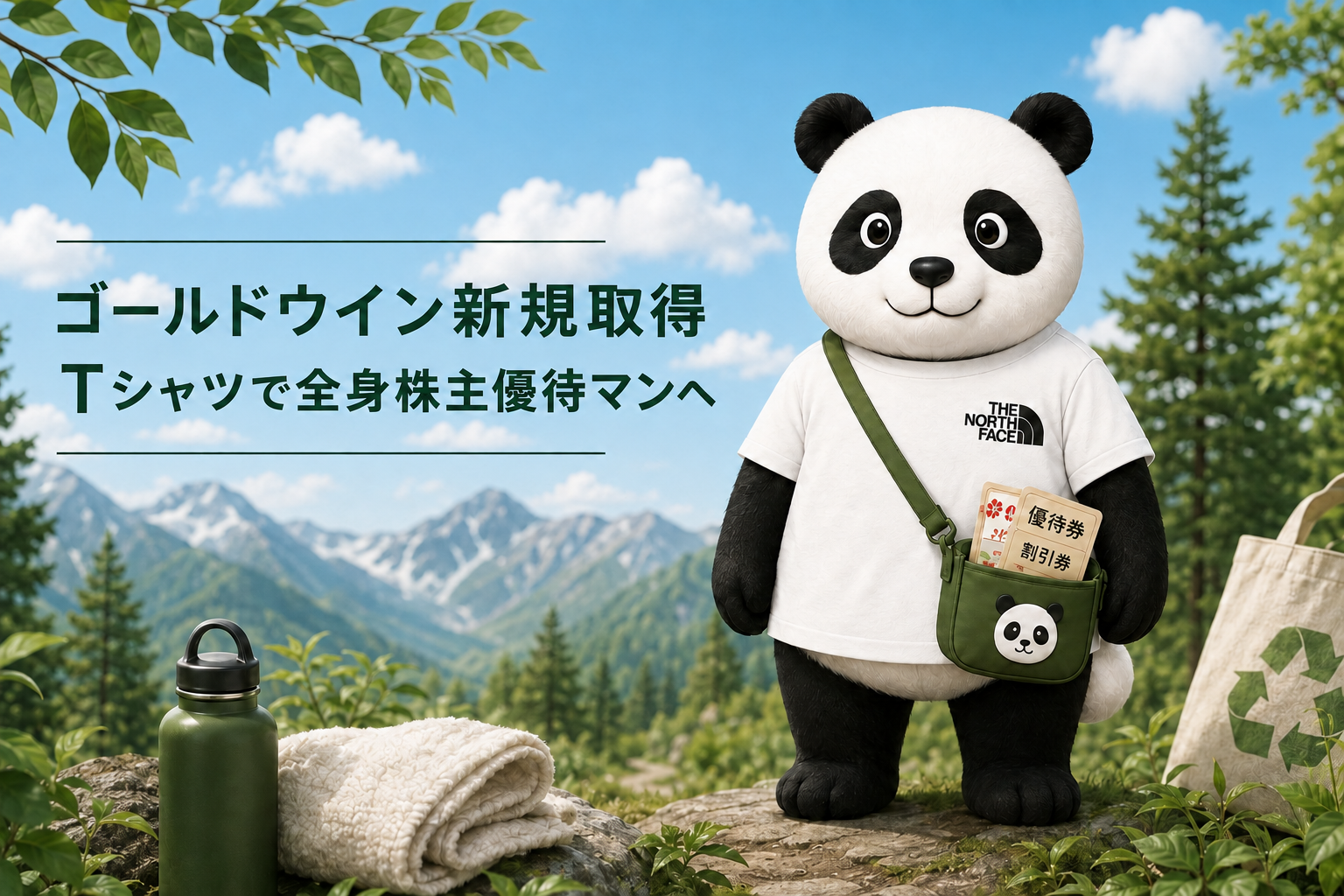 ゴールドウインの優待のノースフェイスTシャツを着て山に登るパンダ